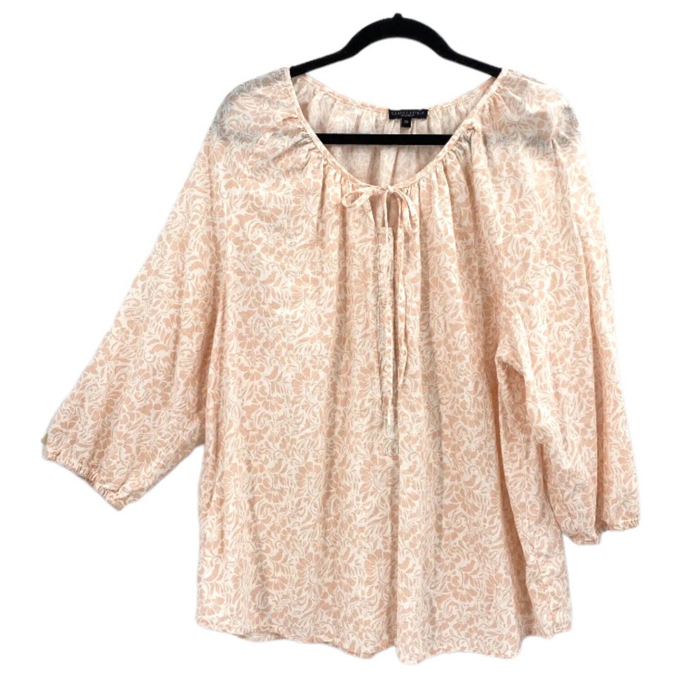 Carole Little 2X Peasant Top Peach Floral Linen Blend Balloon Sleeve Tie Neck